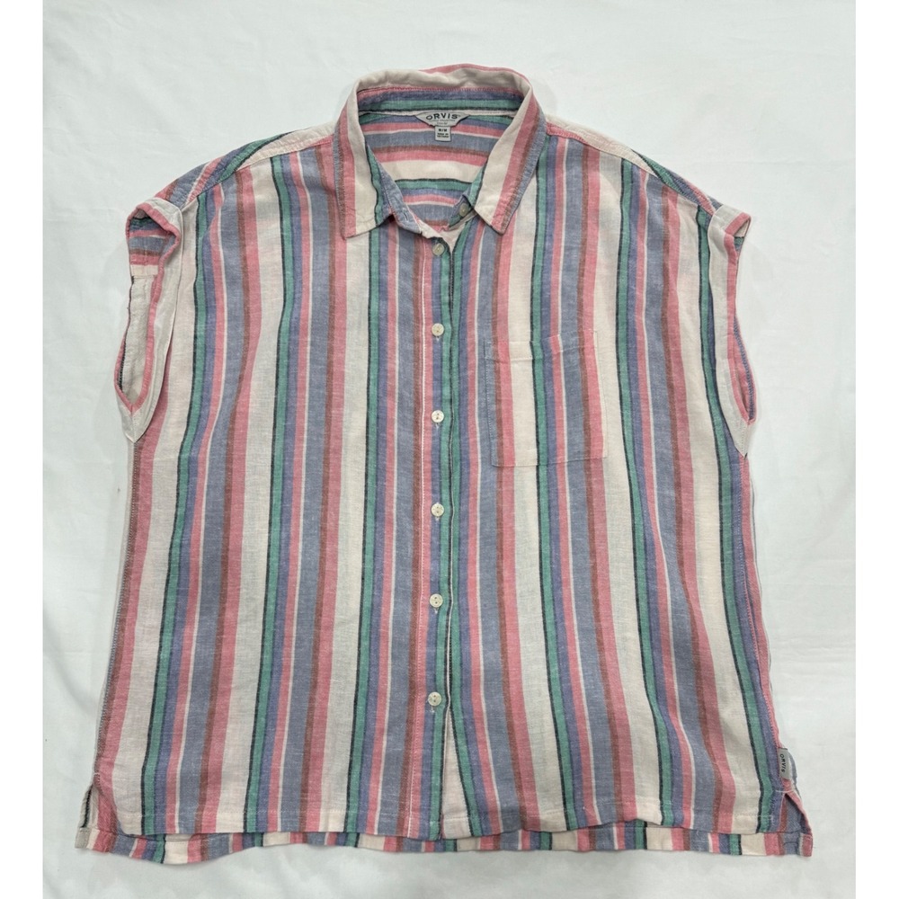 Orvis Womens Linen Blend Striped Sleeveless Button Down Shirt Multi Color Med